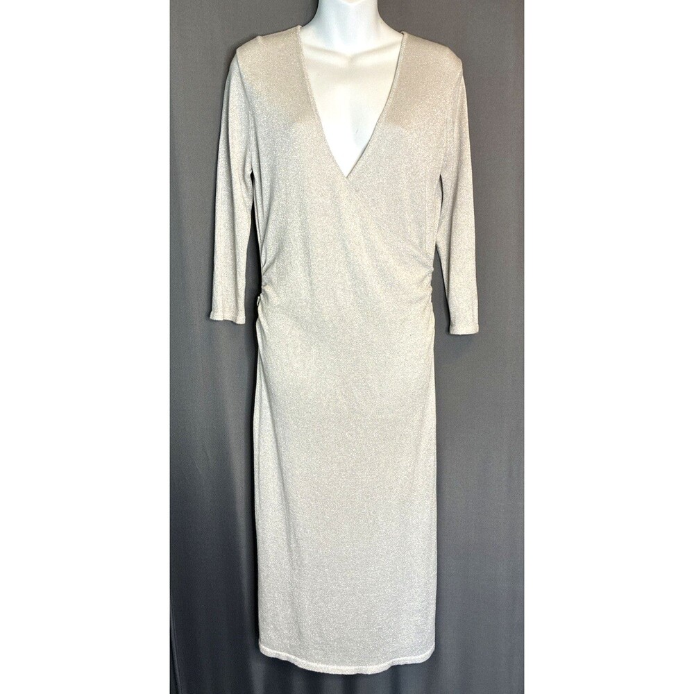 Vtg Newport News Midi Wrap Dress Large Silver Metallic Sparkle Disco Party Glam